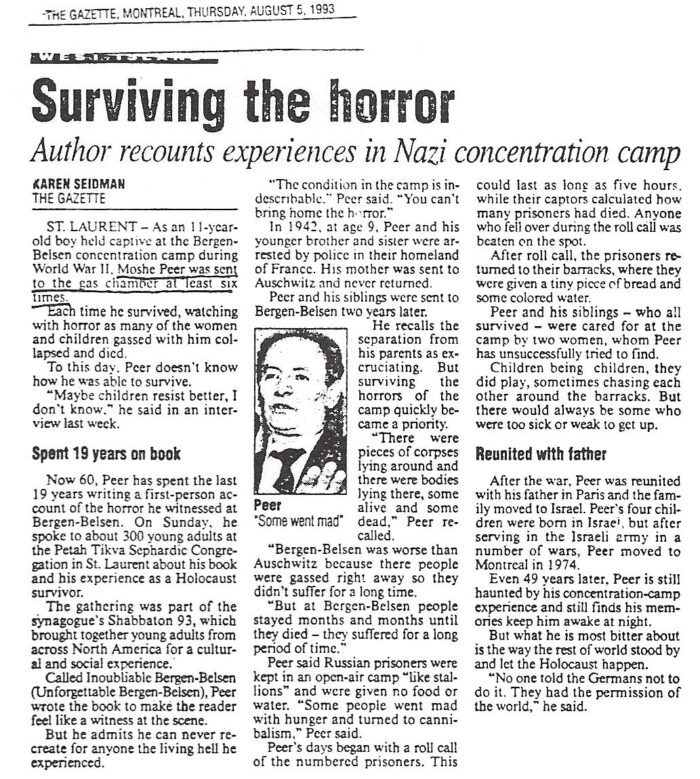 Moshe Peer, Surviving the Horror, The Gazette, Montreal, Aug. 5, 1933
